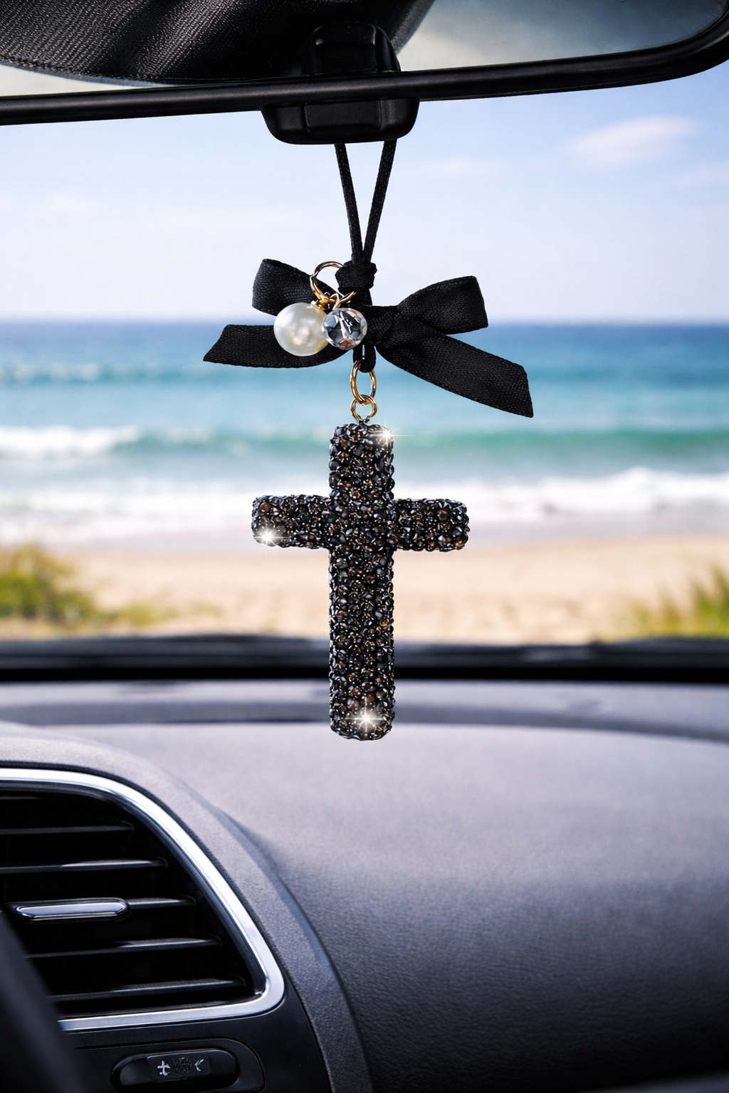 Midnight Grace Rhinestone Cross Car Charm