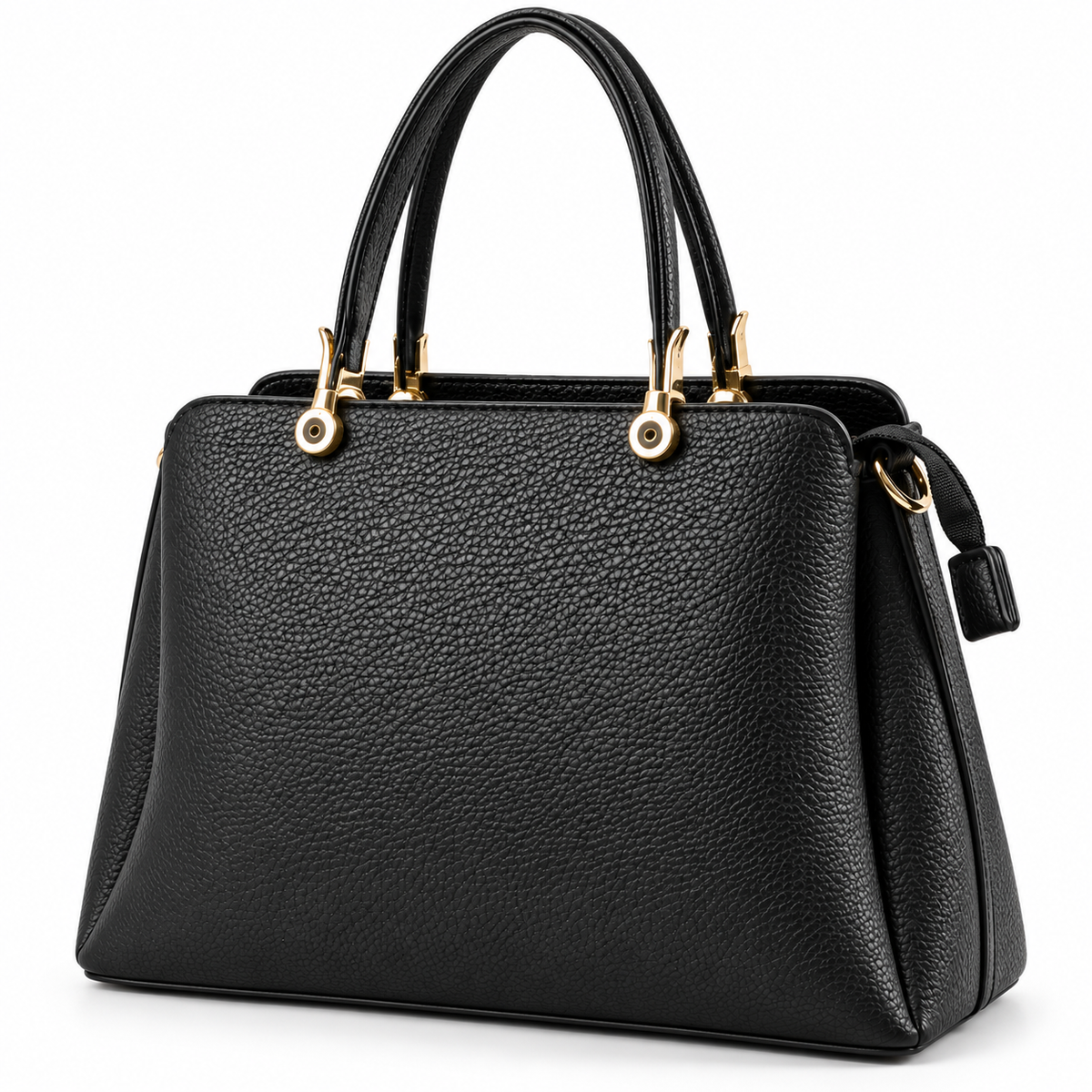 Black faux leather structured tote bag shown at three-quarter angle with pebbled texture, gold hardware and top handles