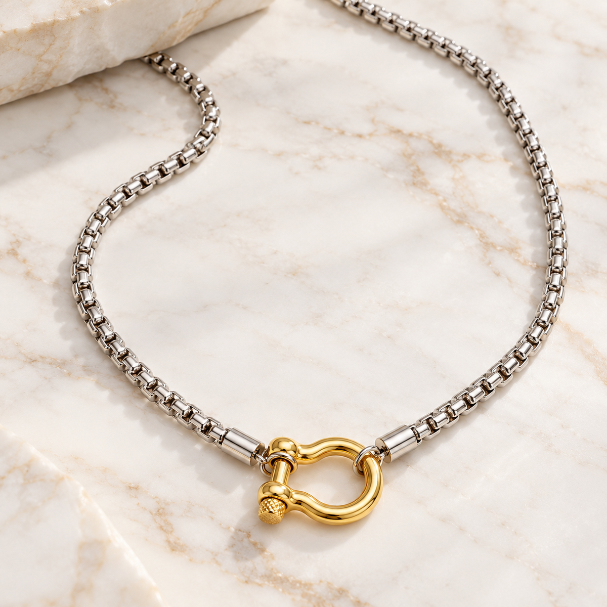 Luxe Two-Tone Screw Clasp Box Chain Necklace