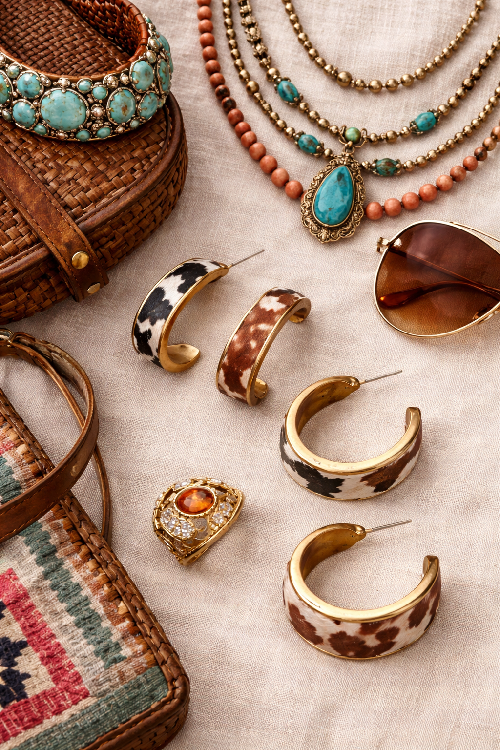 Gold Metal Hoop Earrings with a Pop of Animal Pattern