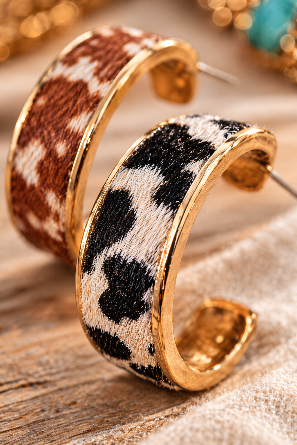 Gold Metal Hoop Earrings with a Pop of Animal Pattern