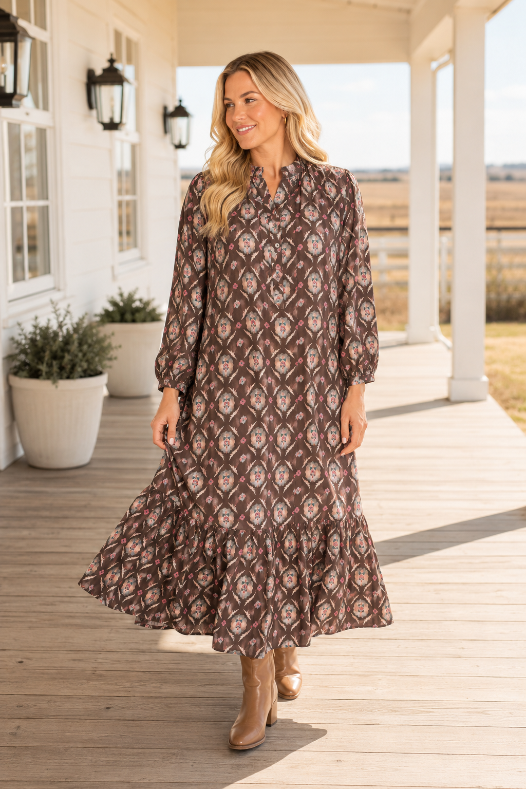 Rosewood Bloom Ruffle Midi Dress