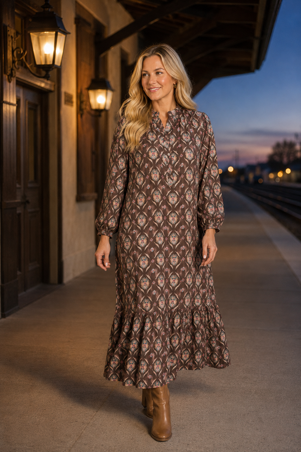 Rosewood Bloom Ruffle Midi Dress