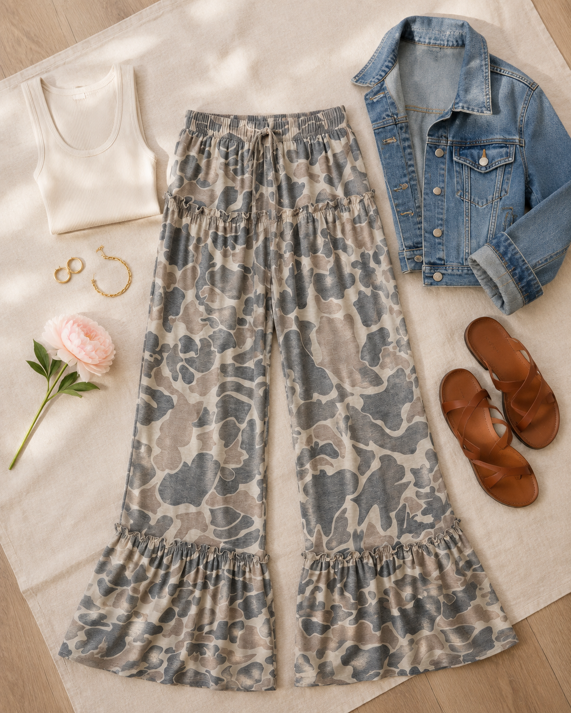 Prairie Drift Camo Ruffle Wide-Leg Pants