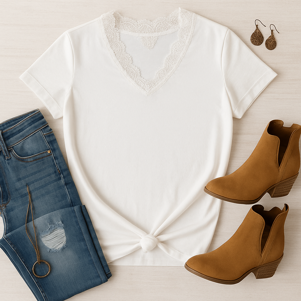 V Neck With Lace Trim in White