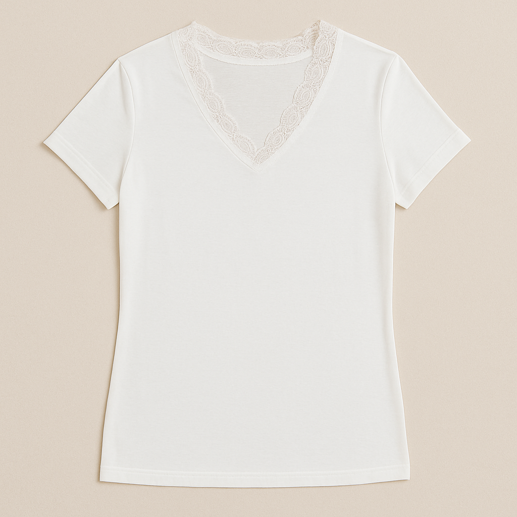 V Neck With Lace Trim in White