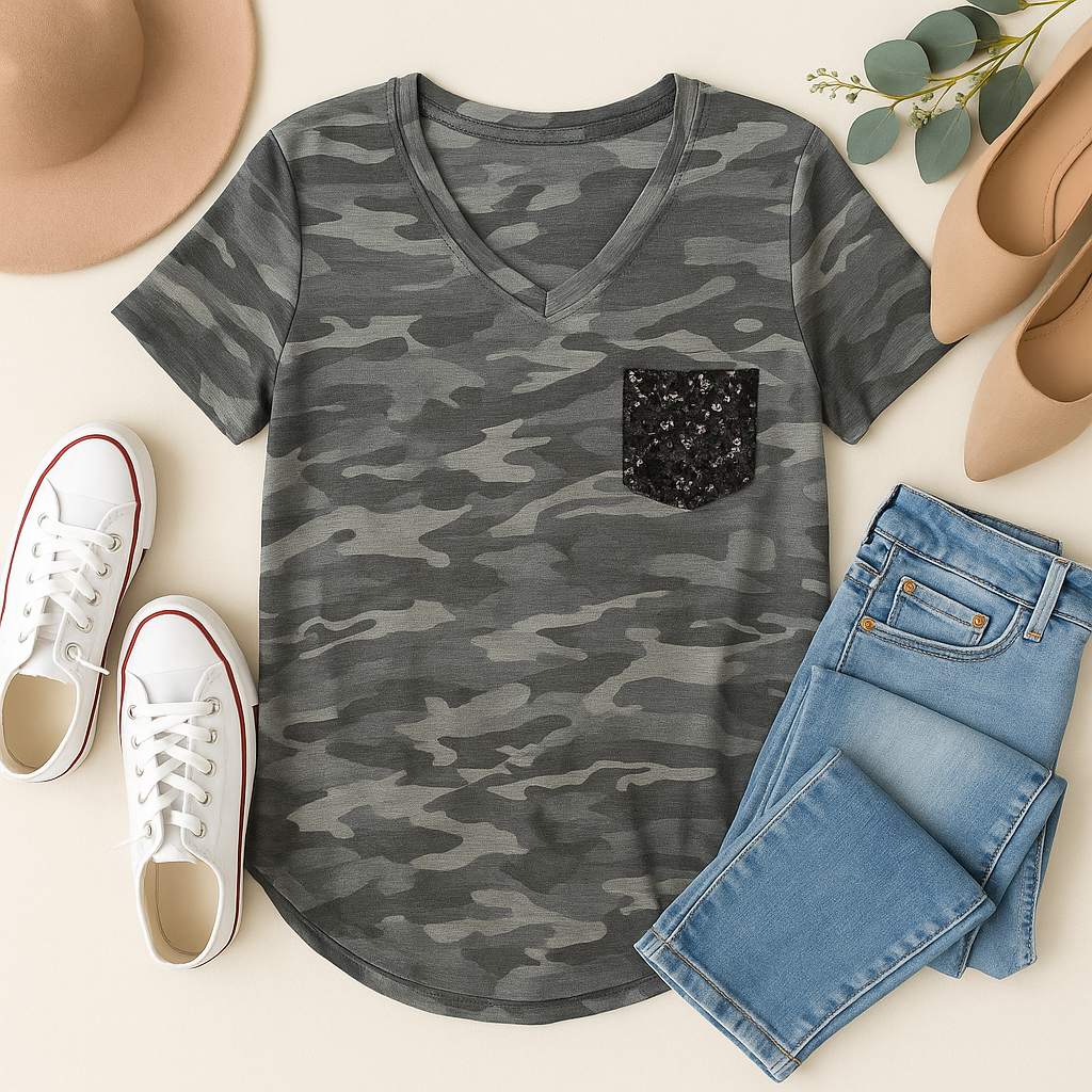 Camo V Neck Full Black Glitter Pocket