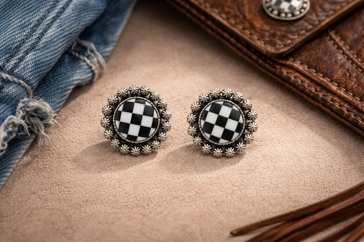 Midnight Checkered Concho Stud Earrings