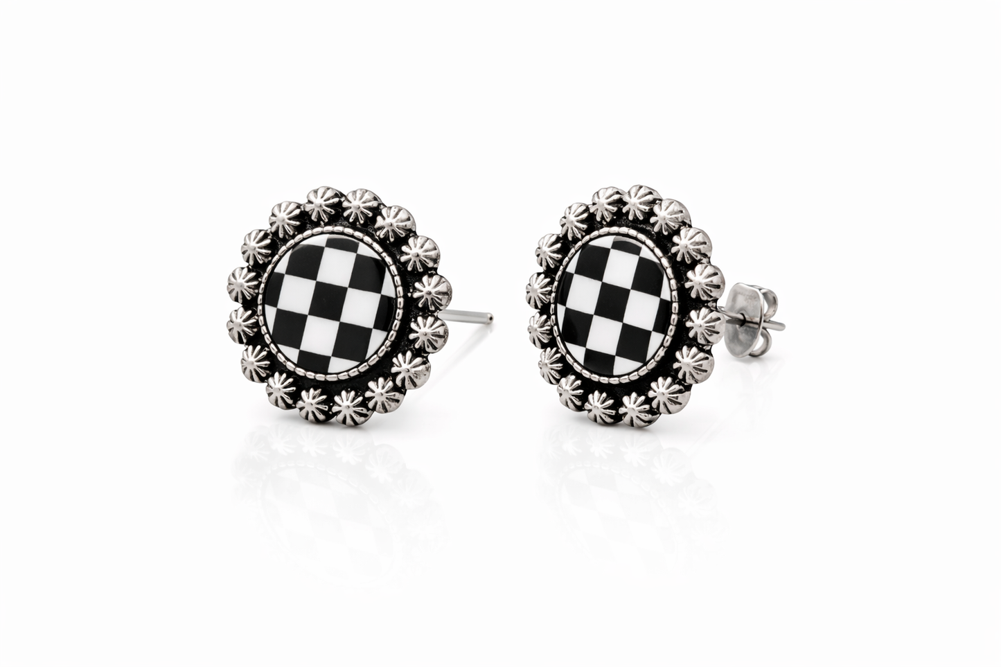 Midnight Checkered Concho Stud Earrings