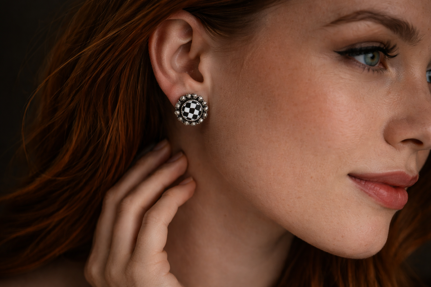 Midnight Checkered Concho Stud Earrings