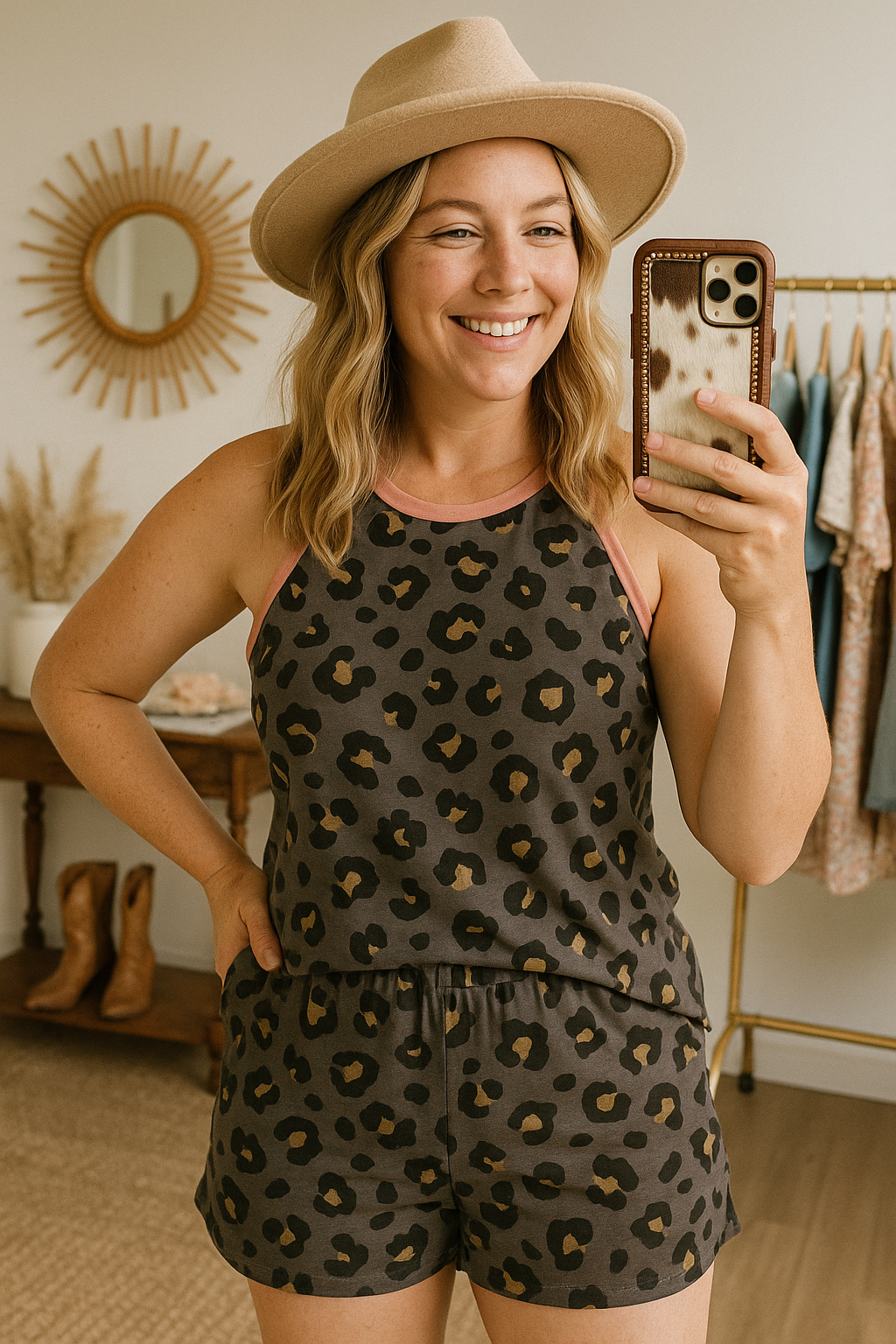 White Birch 2 Piece Grey Leopard Shorts Set