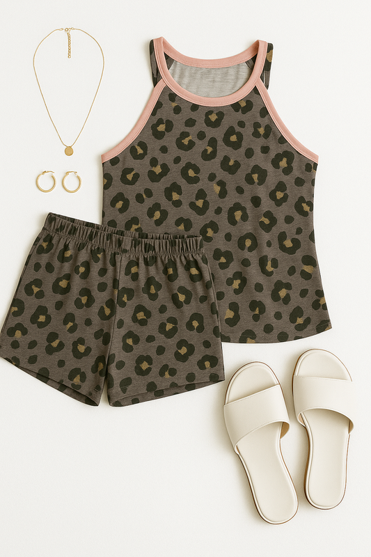 White Birch 2 Piece Grey Leopard Shorts Set