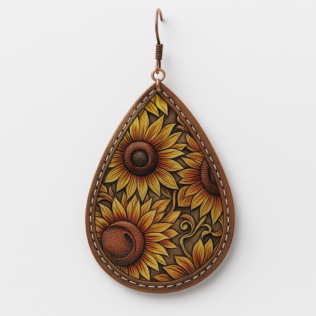 In A Field On Sunflowers Vegan Leather Teardrop Western Earrings