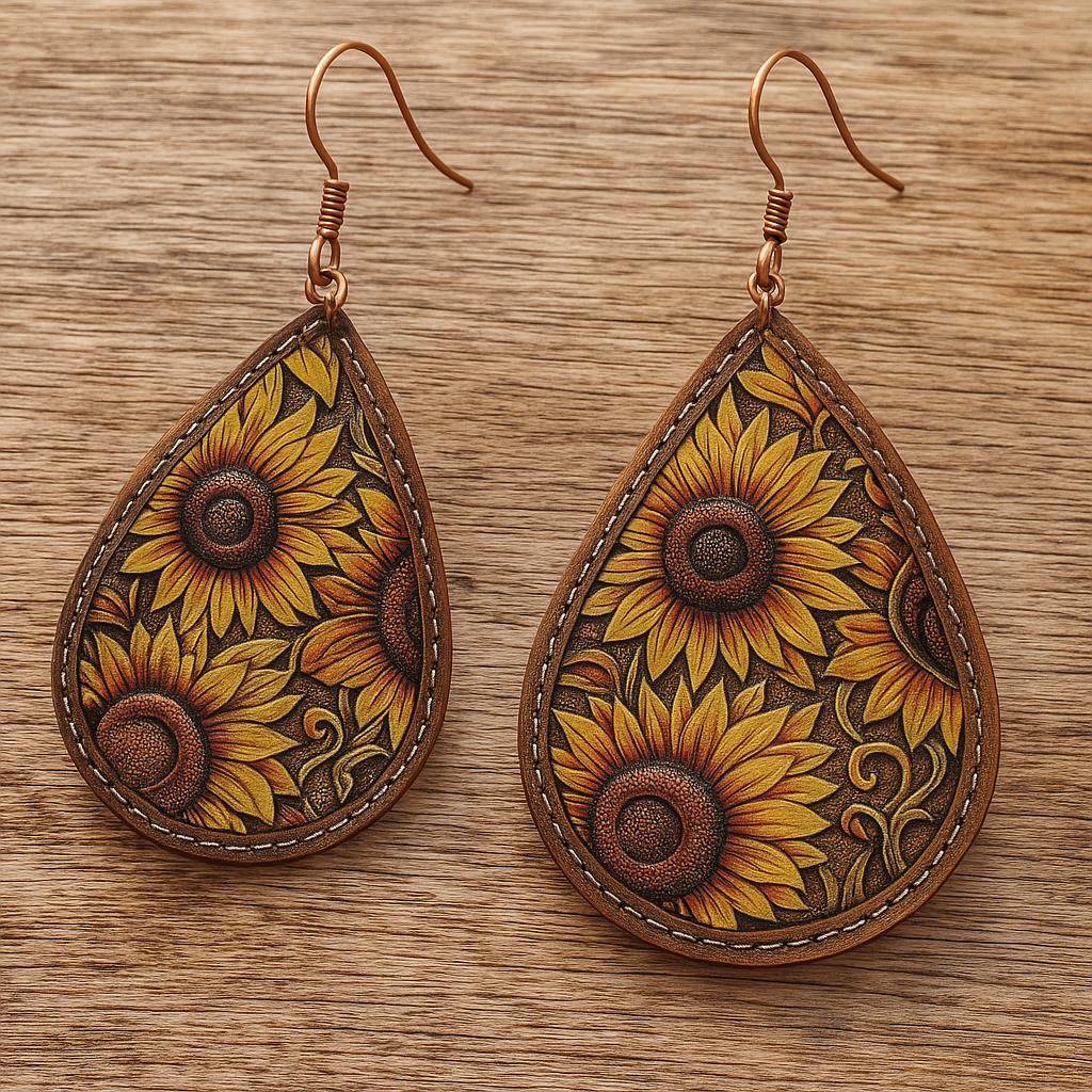 In A Field On Sunflowers Vegan Leather Teardrop Western Earrings