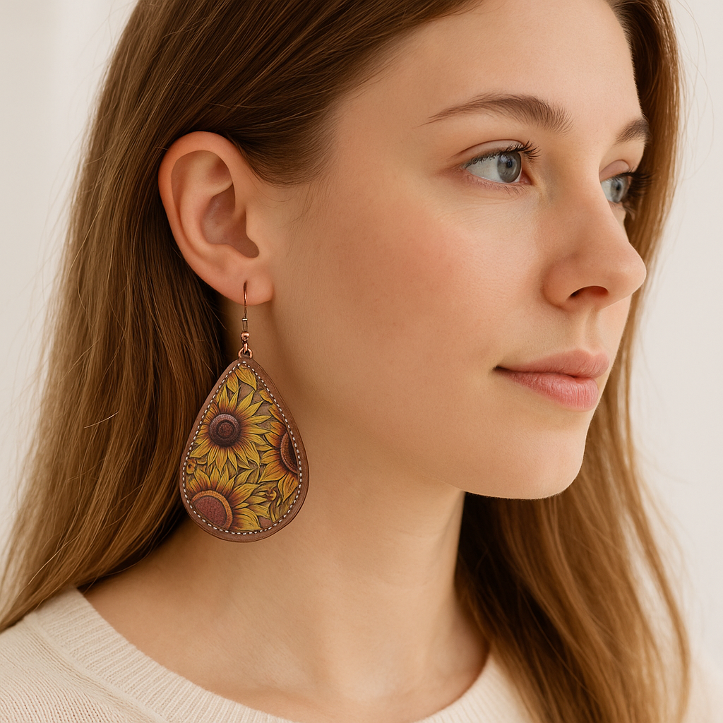 In A Field On Sunflowers Vegan Leather Teardrop Western Earrings