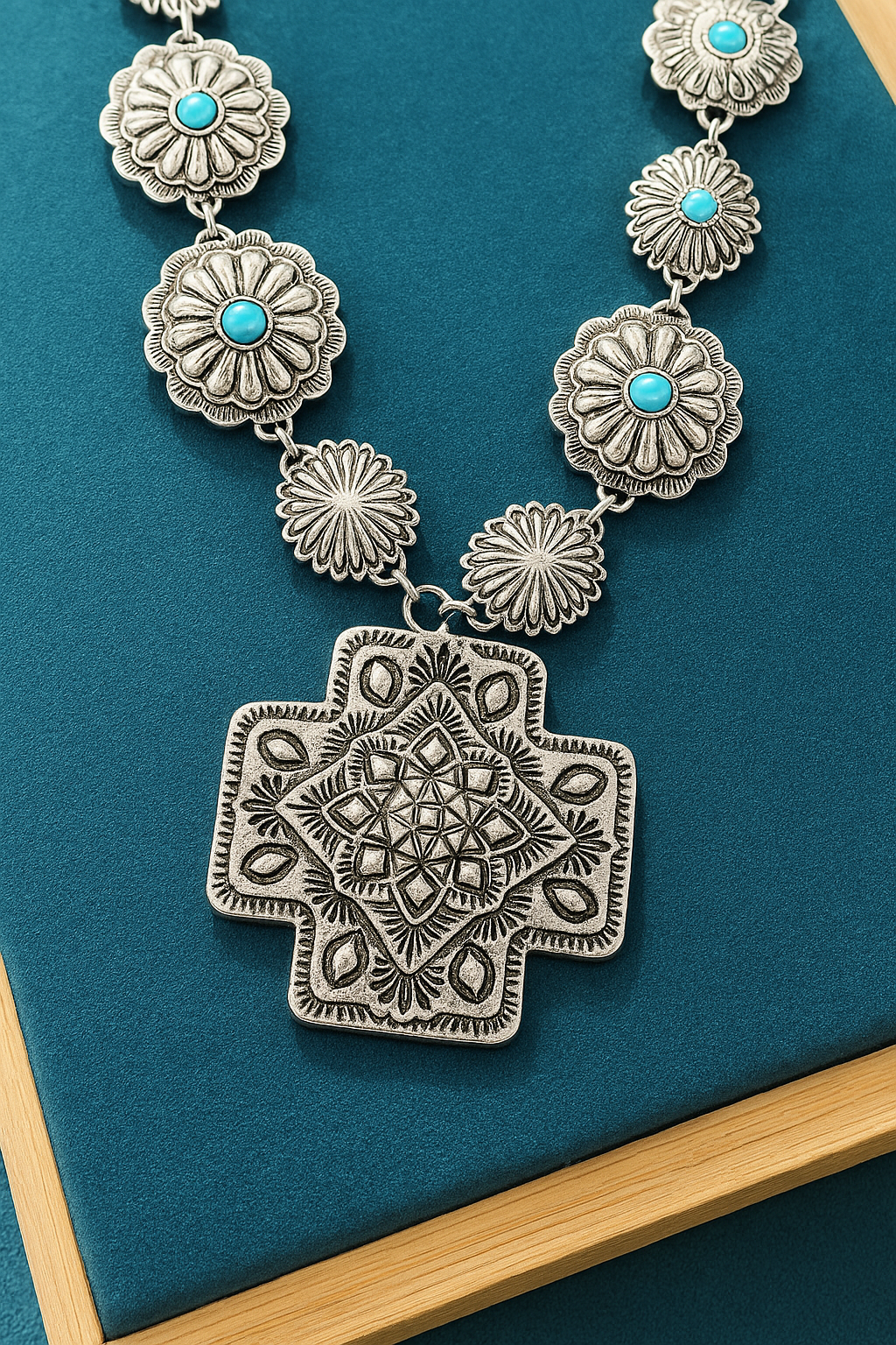 Prairie Starburst Necklace – Western Concho Statement with Faux Turquoise Accents