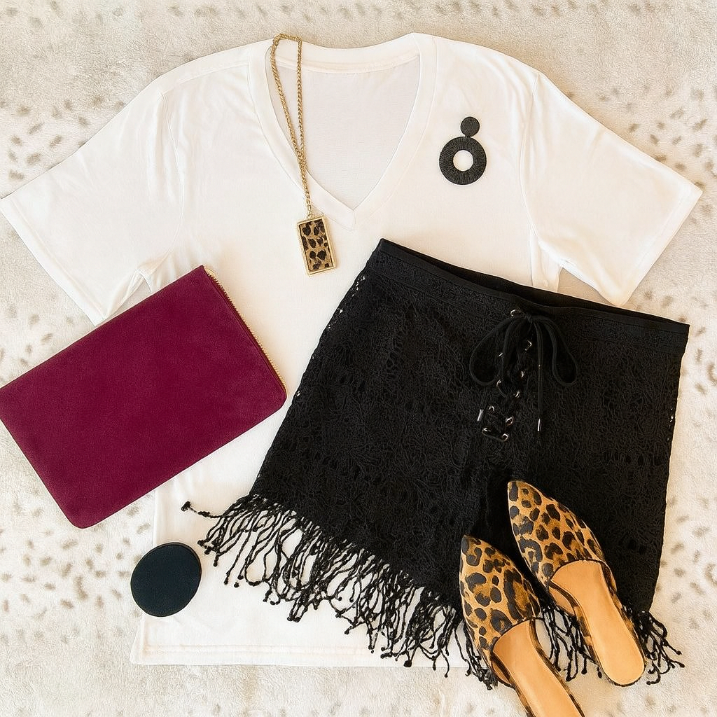 L&B Lace Fringe Black Shorts with Tie Up Front