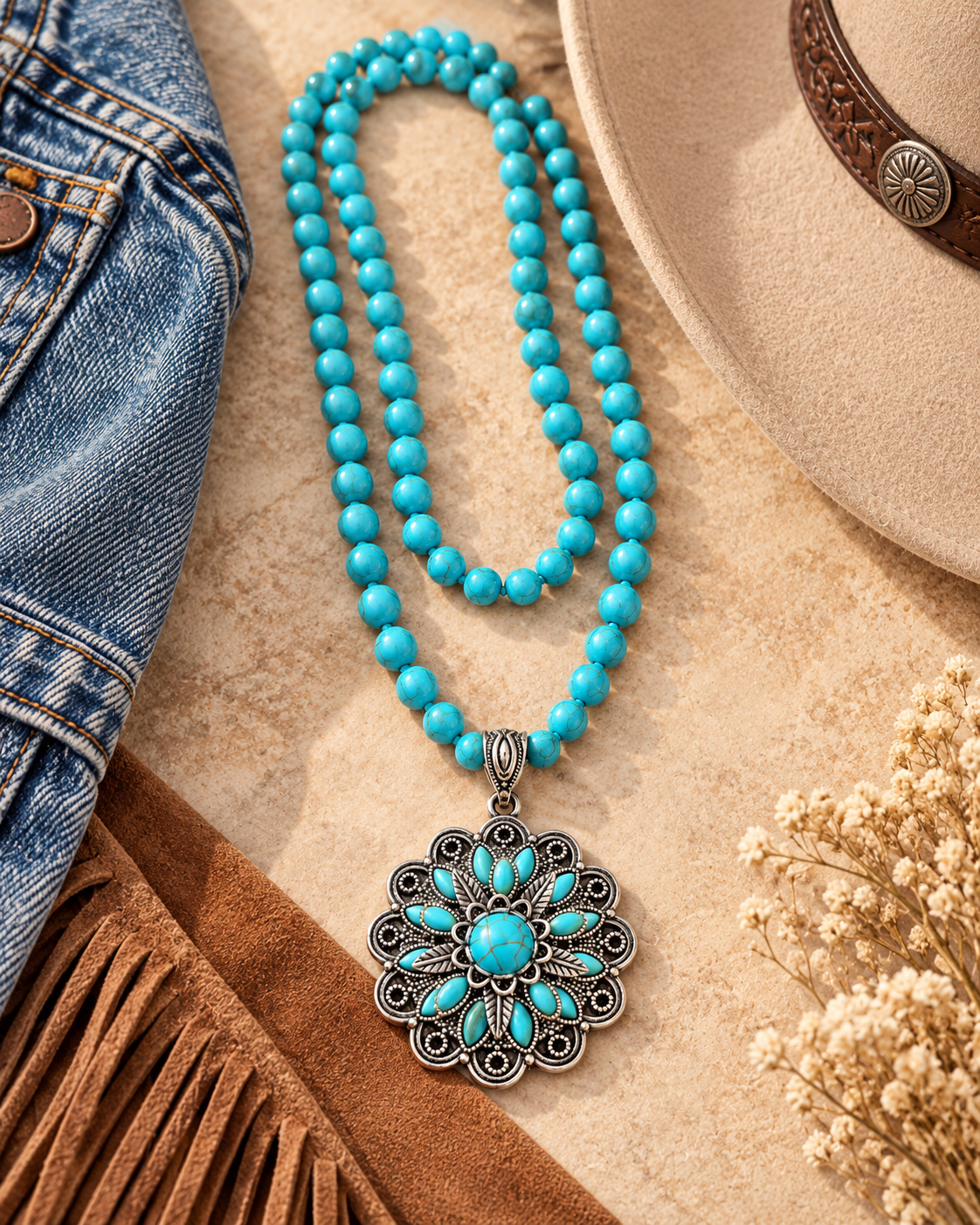 A turquoise beaded necklace with a large ornate silver-toned pendant featuring turquoise details, styled in a flat lay with a denim jacket, a beige hat, a brown suede fringed scarf, and dried flowers on a beige textured surface.