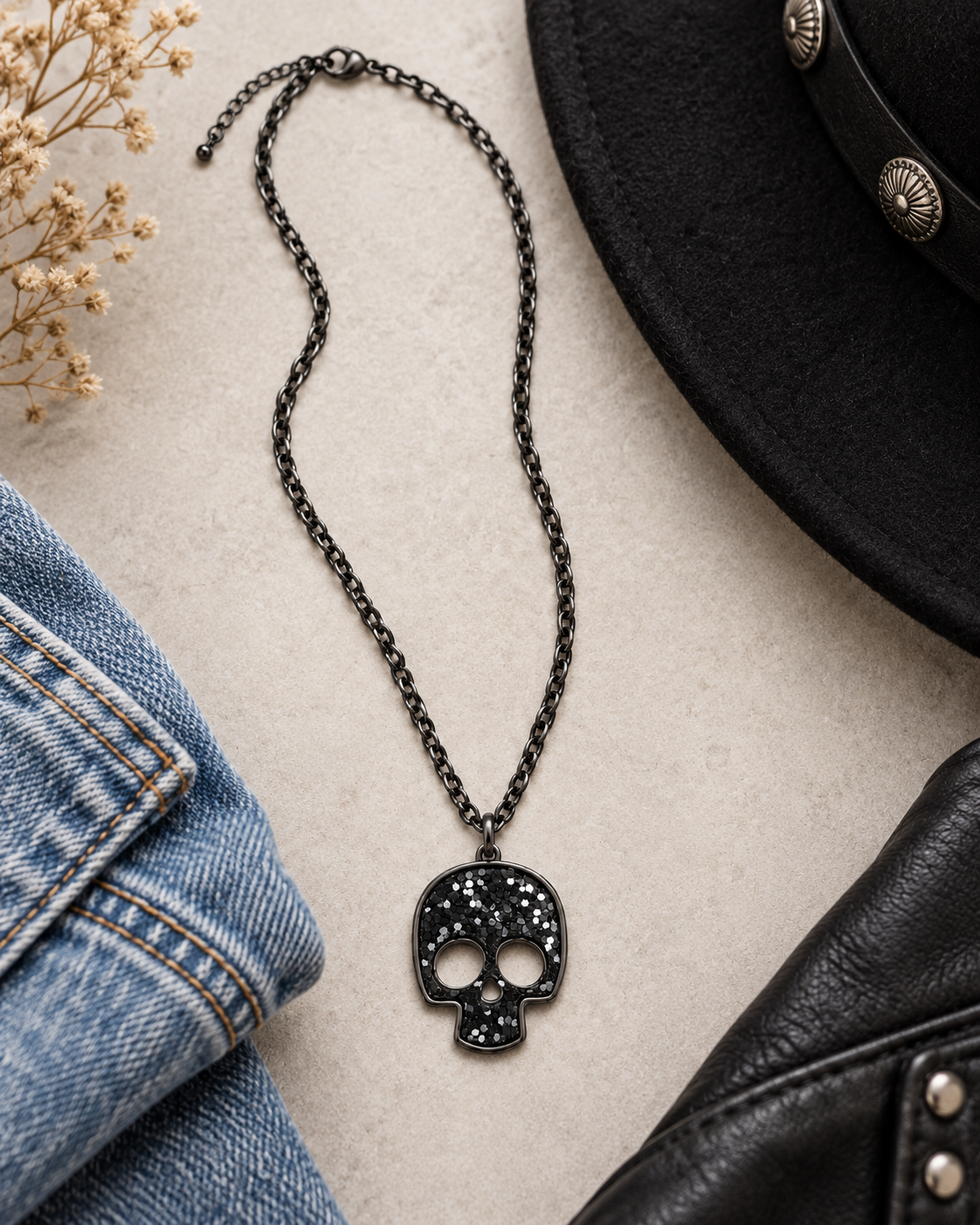 A black skull pendant necklace with a textured, speckled skull design hangs from a black chain. The necklace is styled in a flat-lay arrangement with a blue denim jacket, a black leather jacket, a black hat, and dried flowers on a light beige textured background.