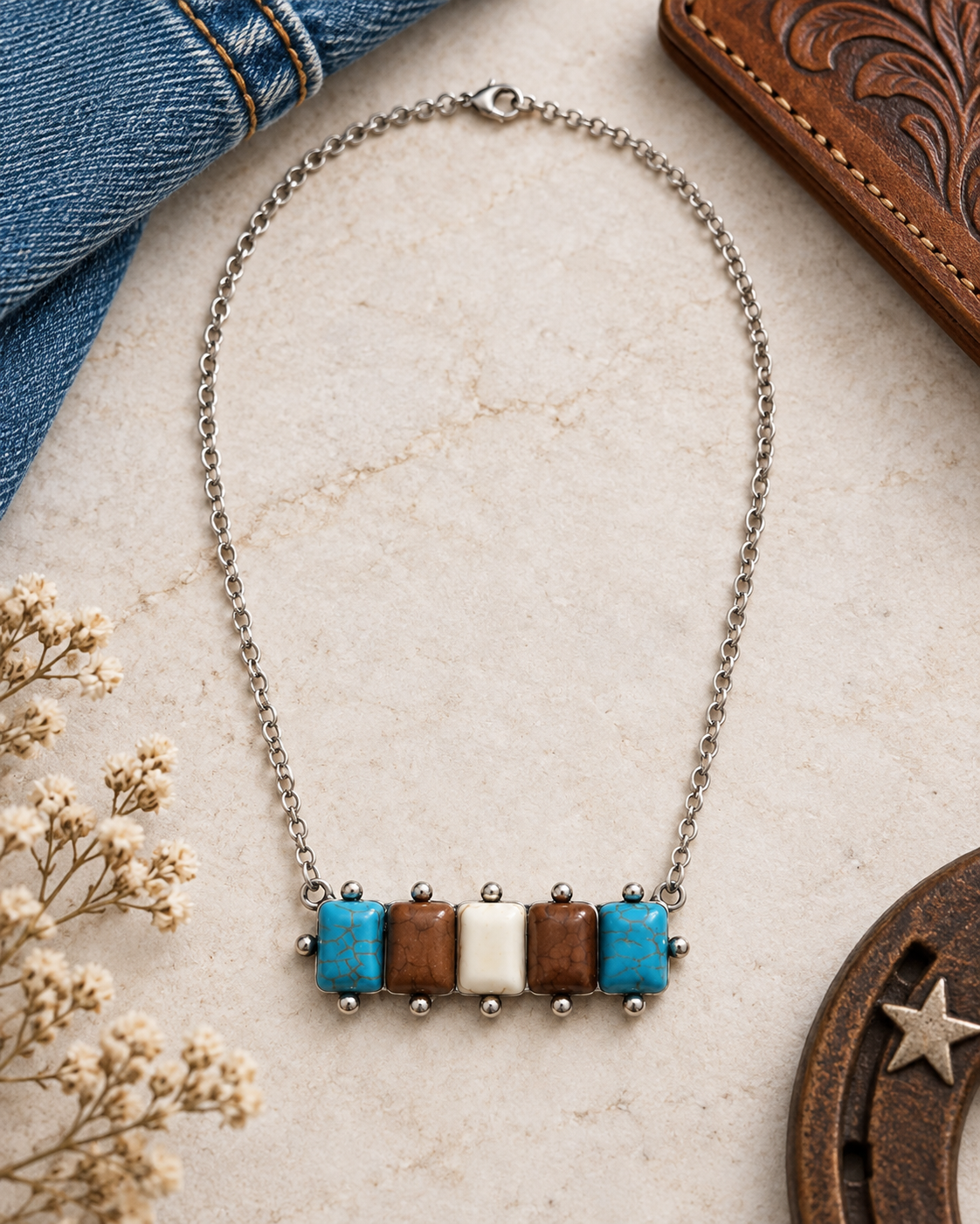 High Desert Row Turquoise-Tone Western Bar Necklace | 18"