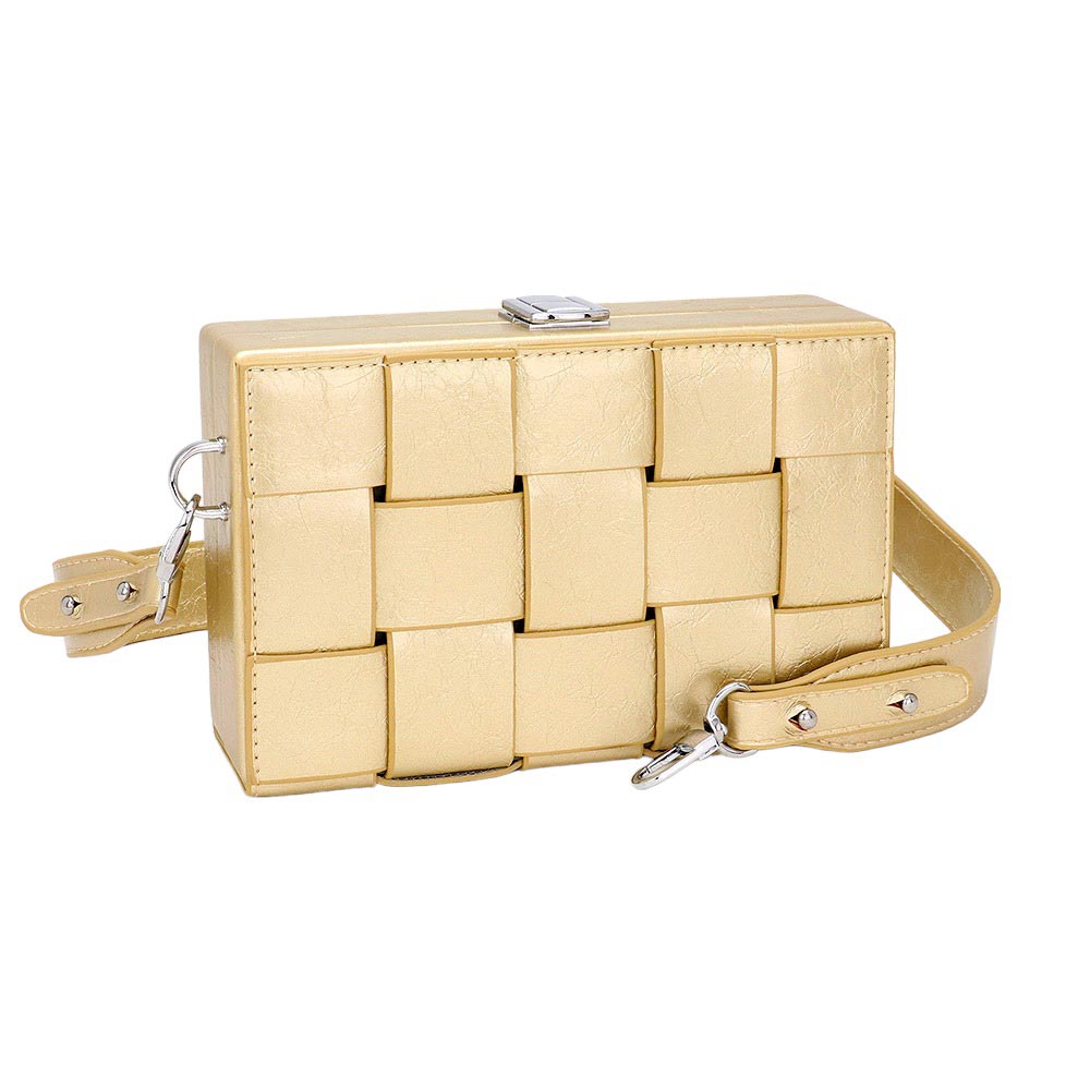 Beige woven handbag with a strap on a white background
