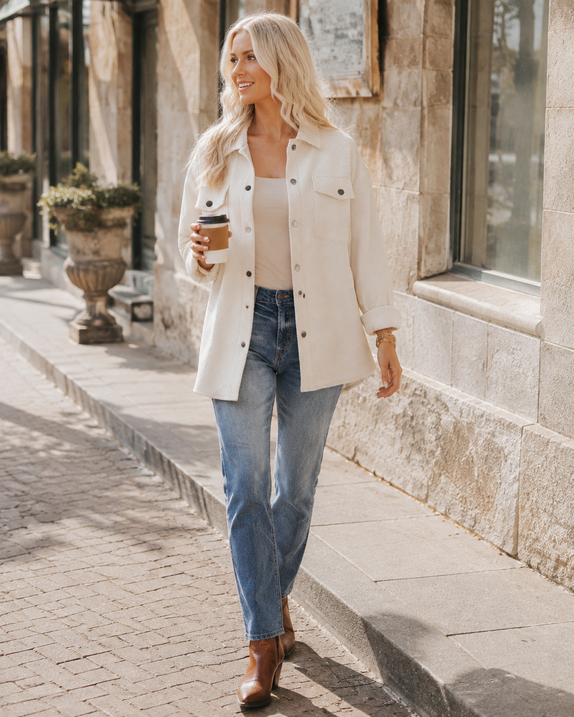 Blonde woman styling the Ivory Canyon Ridge textured shacket with jeans in a historic downtown setting
