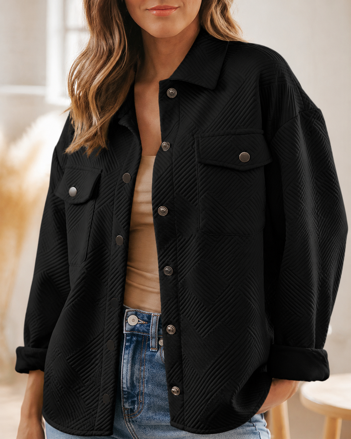 Close-up of the Black Canyon Ridge shacket showing geometric texture, snap buttons and flap pockets
