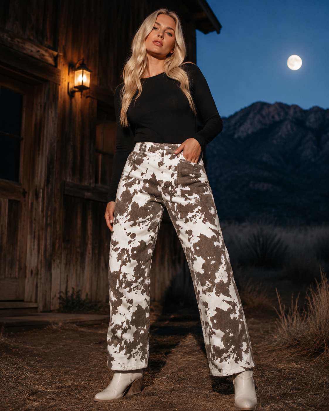 Blonde woman wearing the Painted Mesa Western jeans outside a ranch barn at blue hour