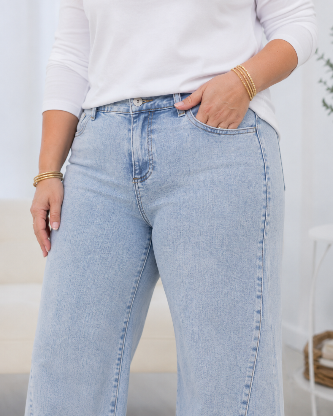 Close-up of Beau Blue Plus Size Jeans showing the high-rise waistband, front pockets, button closure and vertical seam detailing.