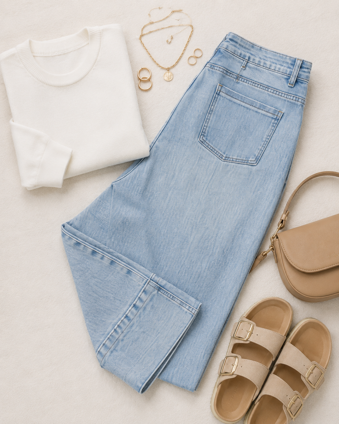 Beau Blue wide-leg jeans styled with a white top, neutral sandals, tan handbag and gold accessories.