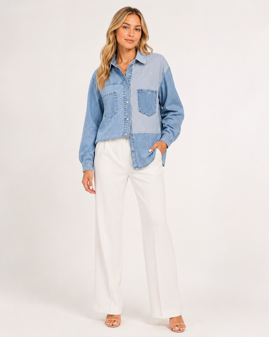 Beau Blue Patchwork Denim Shirt Jacket on blonde model, featuring striped paneling, button front and contrasting denim chest pockets.
