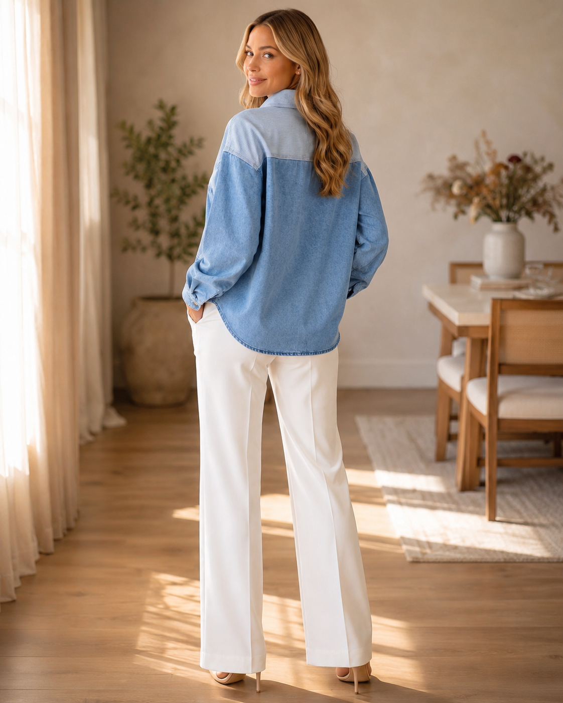 Back view of Beau Blue Patchwork Denim Shirt Jacket showing the striped shoulder panel, relaxed fit and curved denim hem.