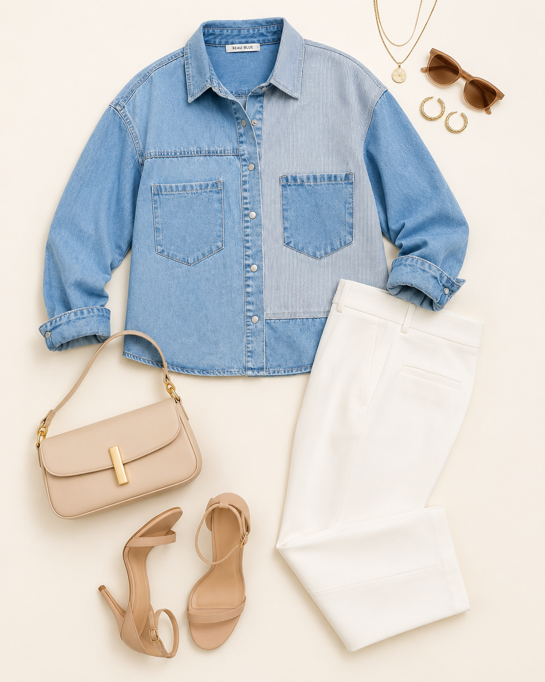 Beau Blue Patchwork Denim Shirt Jacket styled with white trousers, neutral heels, beige handbag, sunglasses and gold jewelry.