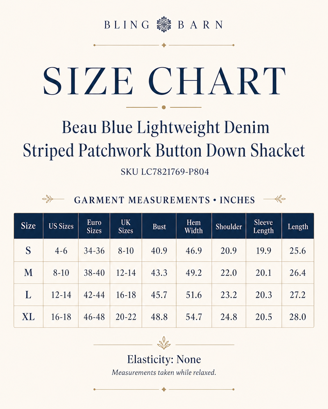 Beau Blue Patchwork Denim Shirt Jacket size chart with garment measurements for sizes S through XL and no stretch.