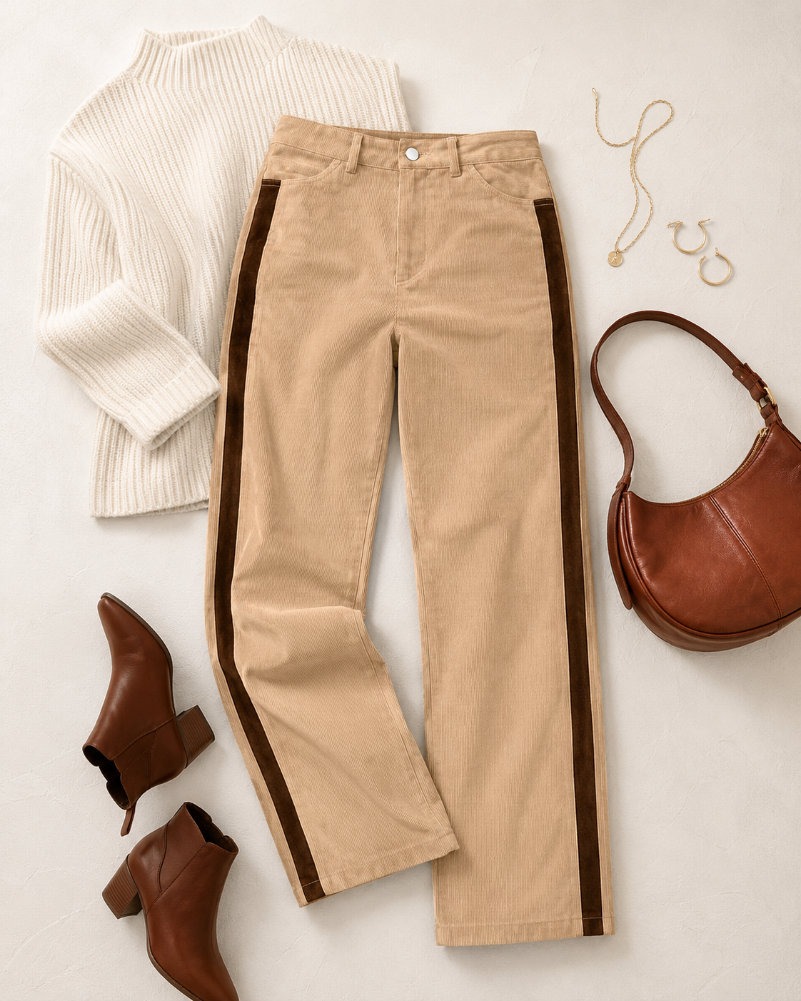 Flat lay of the Canyon Stripe Corduroy Pants styled with an ivory sweater, brown ankle boots, brown handbag and gold jewelry.