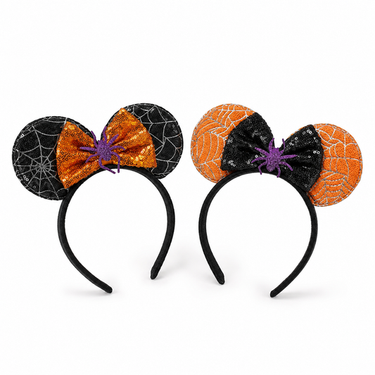 Spooky Sparkle Spiderweb Ear Headbands in black and orange Halloween styles