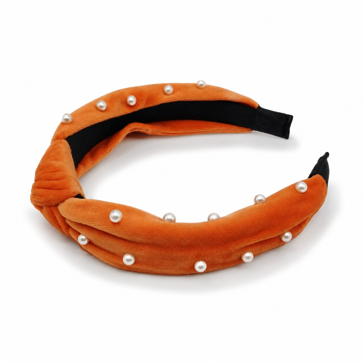 Burnt Sienna Pearl Velvet Knotted Headband with scattered pearl accents on white background