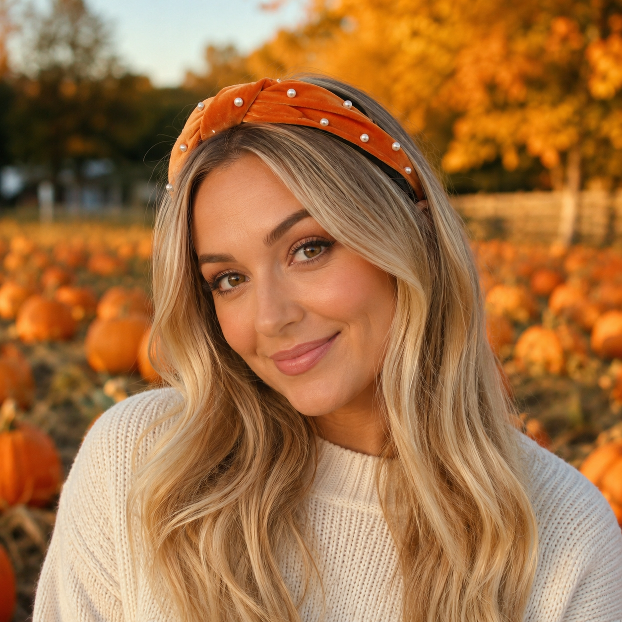 Blonde woman wearing burnt sienna pearl velvet knotted headband at an autumn pumpkin patch
