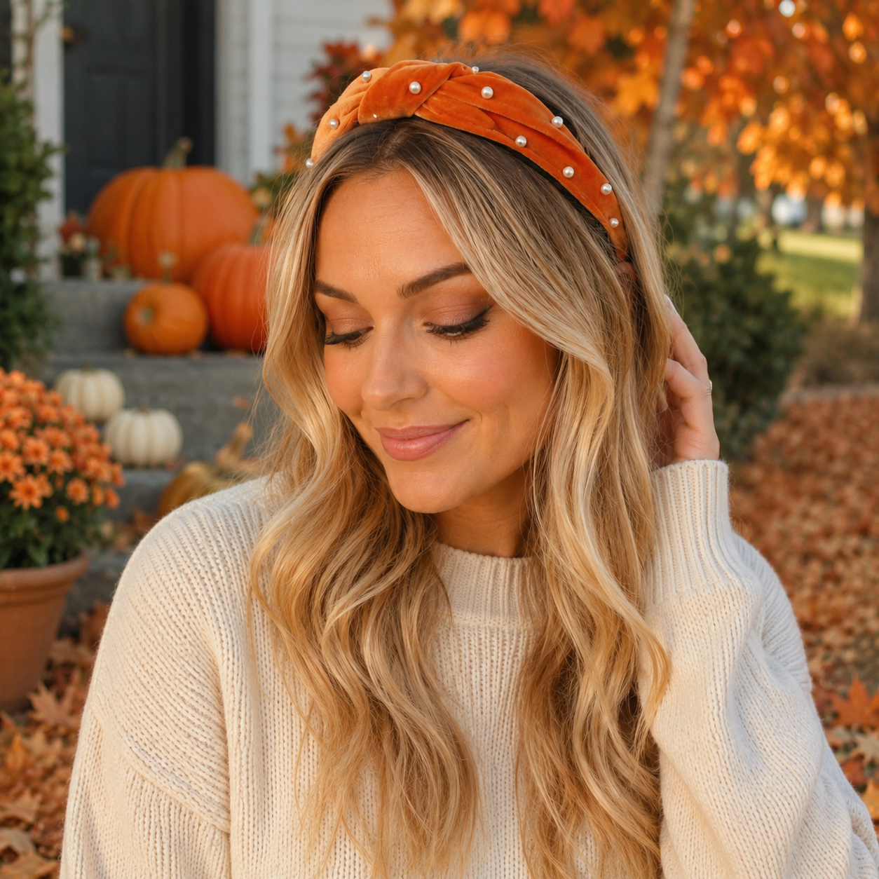 Blonde woman wearing burnt orange pearl knotted headband with cozy cream sweater on a fall porch