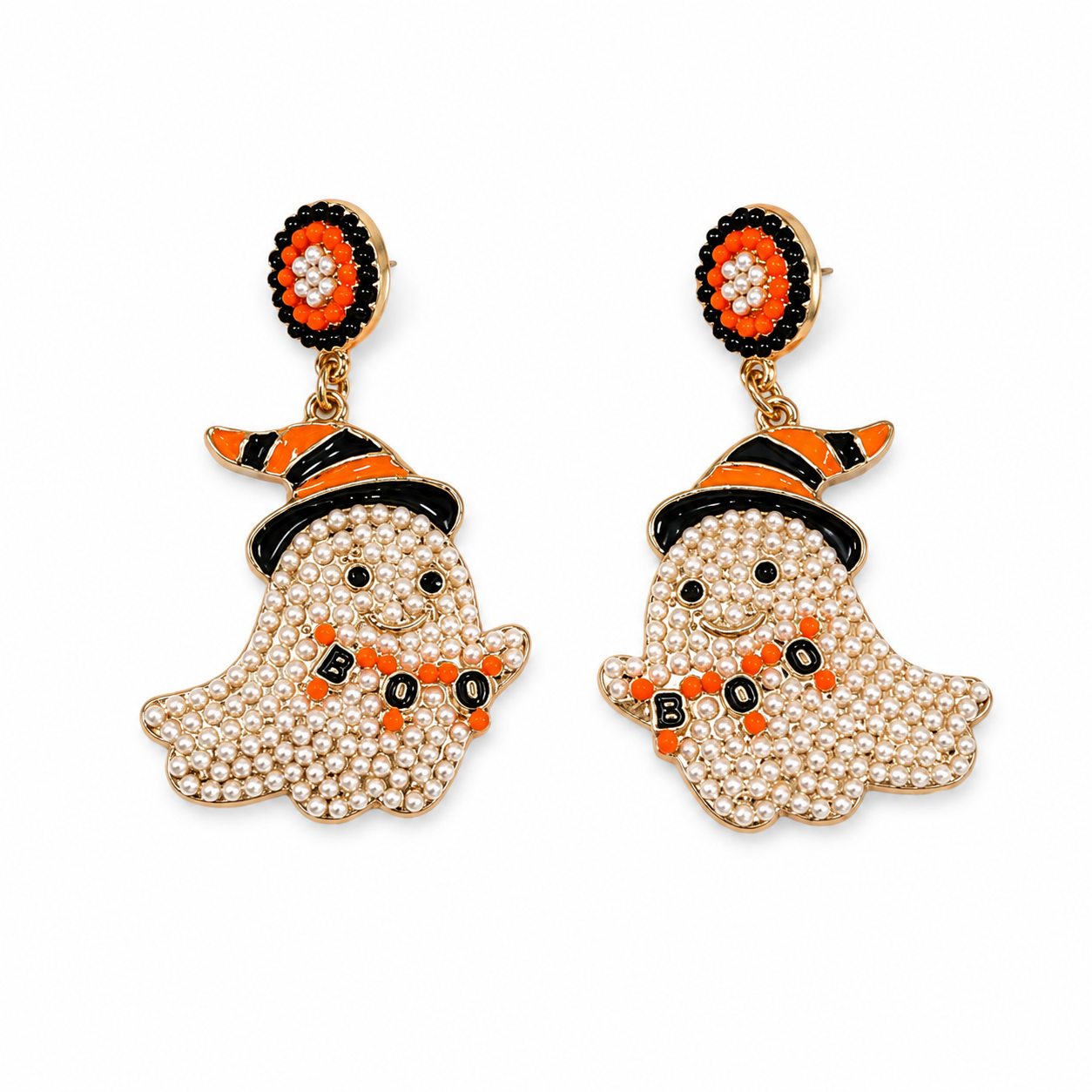 Pearl ghost witch hat dangle earrings with orange, black and gold Halloween details on a white background