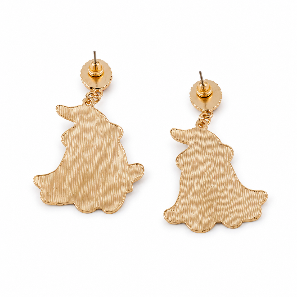 Back view of gold-tone ghost dangle earrings showing posts and textured metal finish
