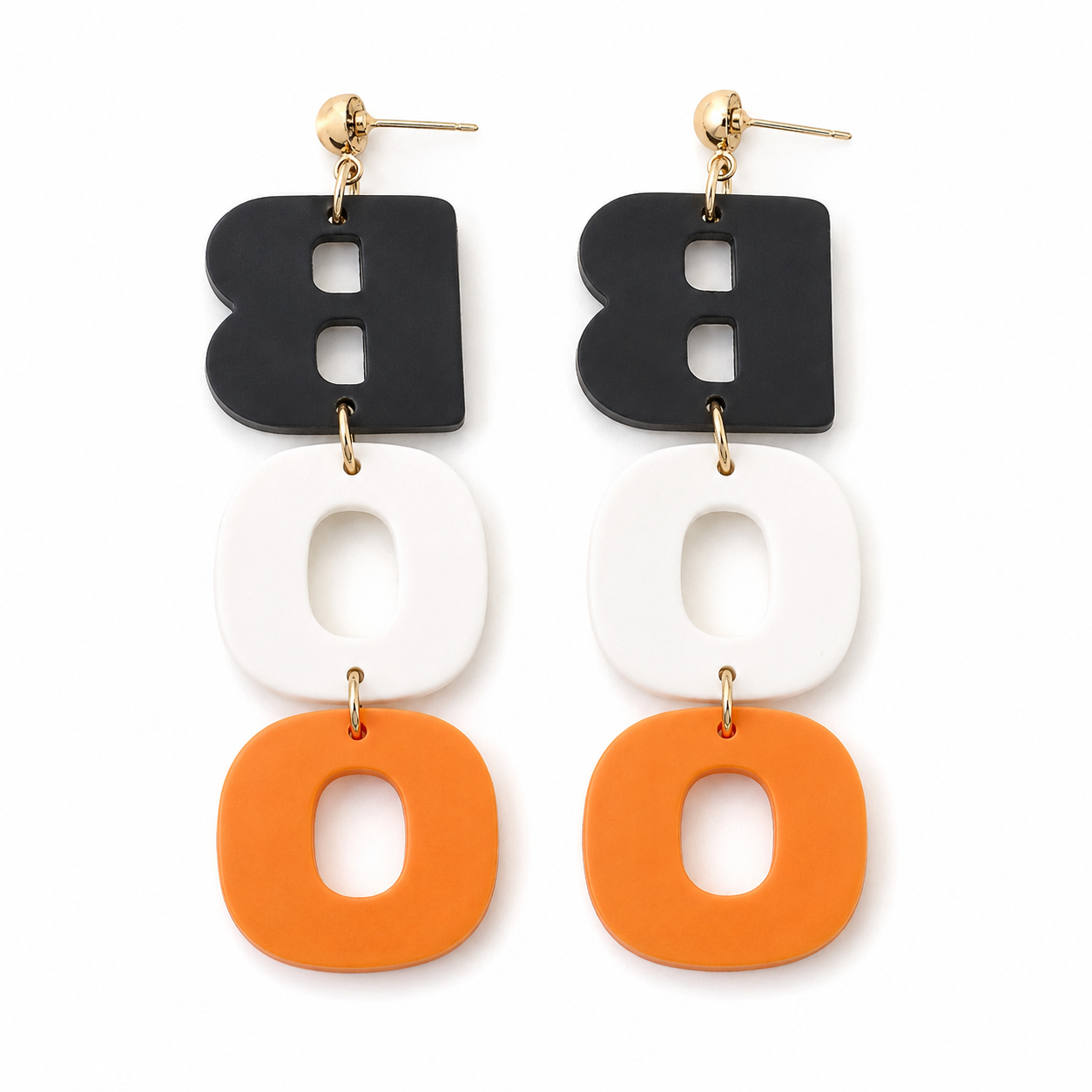 Back view of BOO statement earrings showing gold-tone posts and solid letter backs