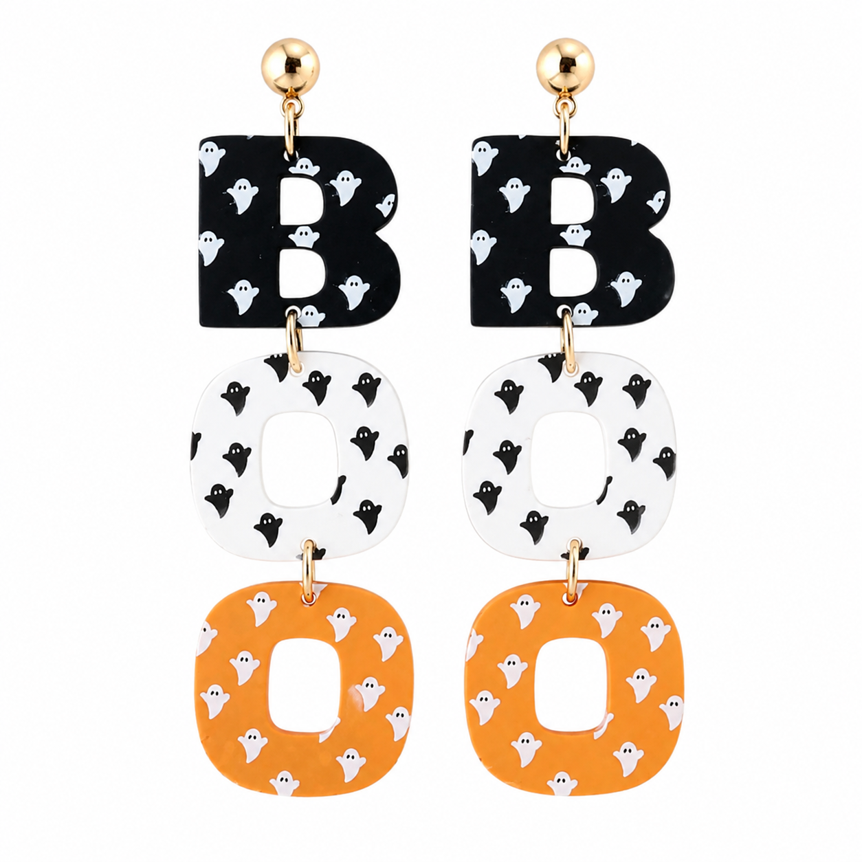 Ghostly BOO Statement Earrings with black, white and orange ghost print letters on white background