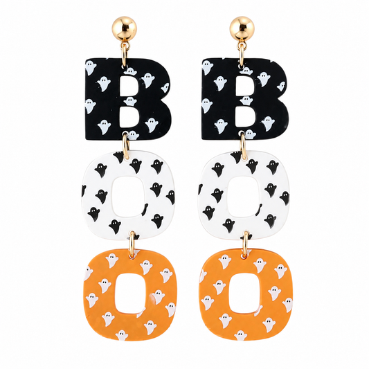 Ghostly BOO Statement Earrings with black, white and orange ghost print letters on white background