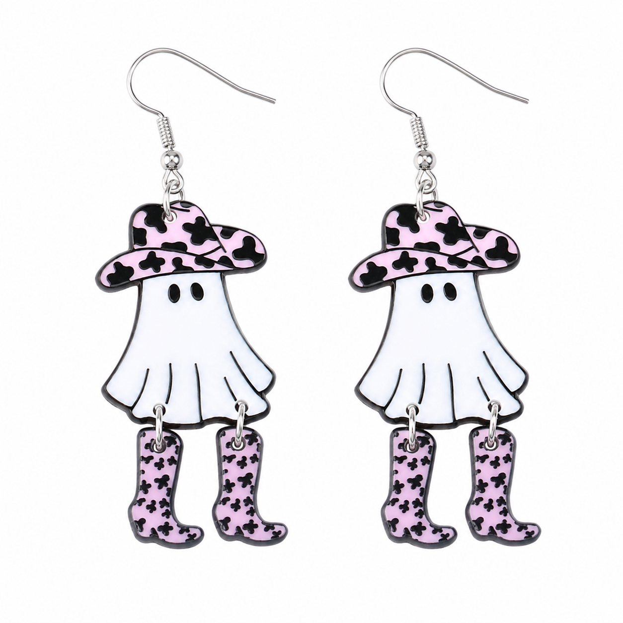 Boot Scootin’ Boo Ghost Earrings with white ghosts, pink cow-print cowboy hats and dangling boots on white background