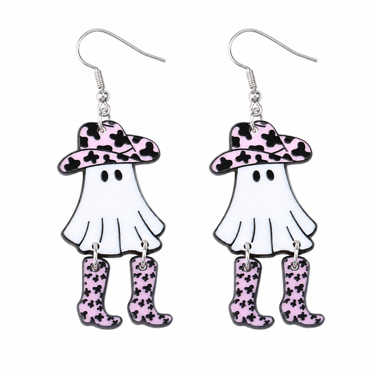 Boot Scootin’ Boo Ghost Earrings with white ghosts, pink cow-print cowboy hats and dangling boots on white background