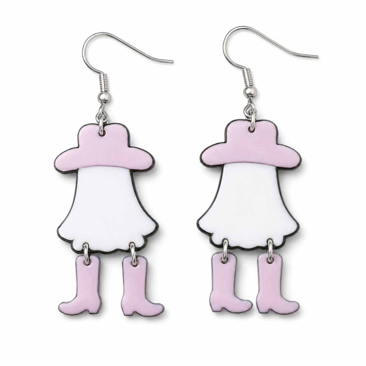 Back view of white ghost cowboy earrings with pink hats and dangling boot charms