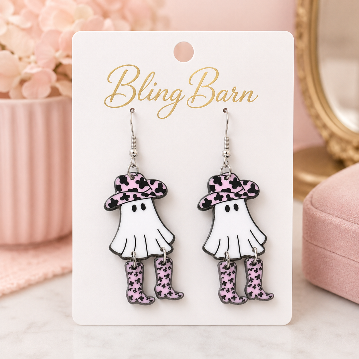 Boot Scootin’ Boo Ghost Earrings displayed on Bling Barn jewelry card