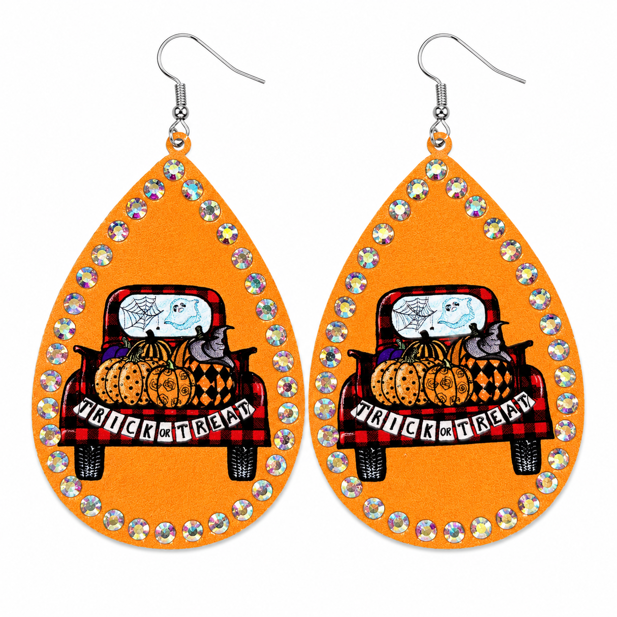 Trick or Treat Truck Teardrop Earrings with orange Halloween truck design and iridescent rhinestone border on white background