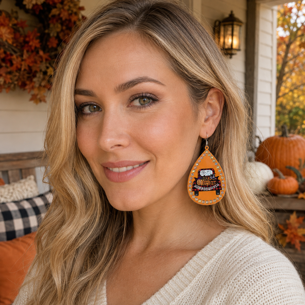 Blonde woman wearing Trick or Treat Truck Teardrop Earrings with a cozy cream sweater